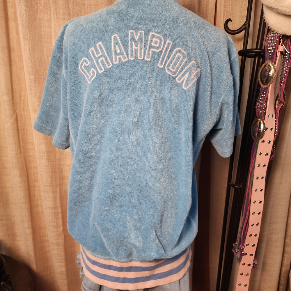 Y2K Champion Baby Blue Terry Cloth Zip Up Track Top Pink Embroidered Logo M